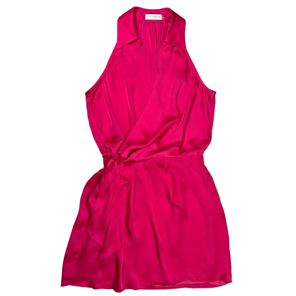 Ramy Brook Nettie Satin Wrap Mini Dress Women Small Pink Punch Quiet Luxury Chic